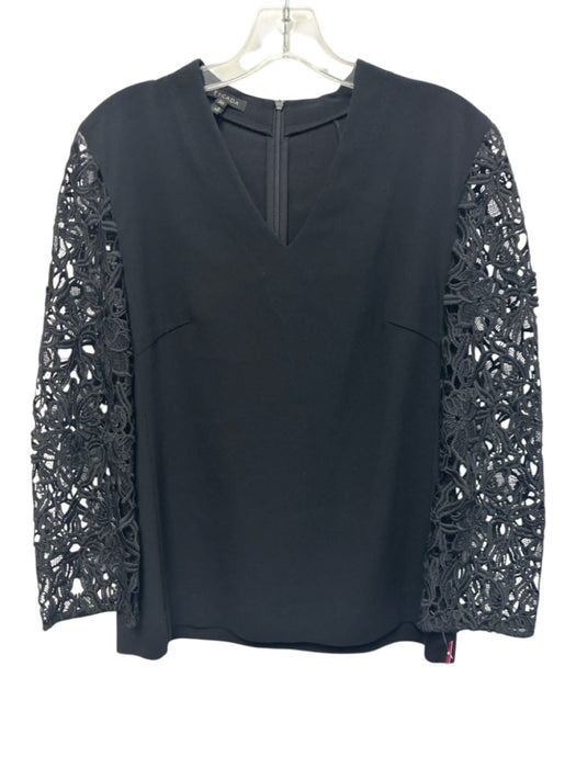Escada Size 36 Black Triacetate Long Sleeve Floral Lace V Neck Darted Top Black / 36
