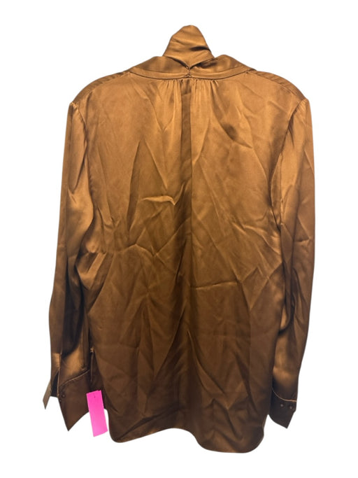 Elie Tahari Size Medium Brown Silk Long Sleeve V Neck Beaded Fringe Satin Top Brown / Medium