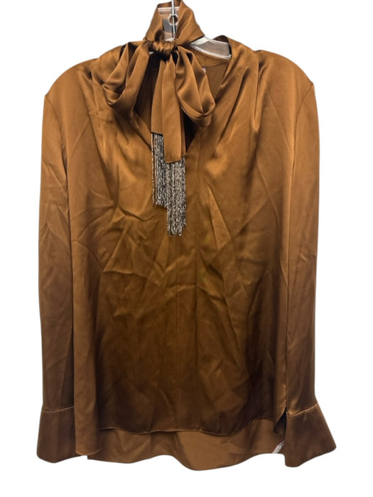 Elie Tahari Size Medium Brown Silk Long Sleeve V Neck Beaded Fringe Satin Top Brown / Medium