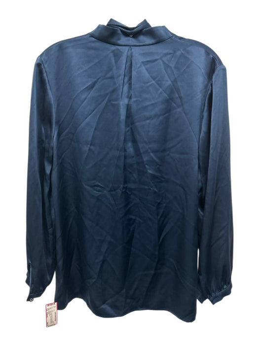 Ravella Size Medium Blue Silk Long Sleeve Button Neck Tie Sash Satin Top Blue / Medium