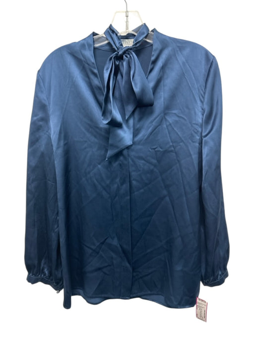 Ravella Size Medium Blue Silk Long Sleeve Button Neck Tie Sash Satin Top Blue / Medium