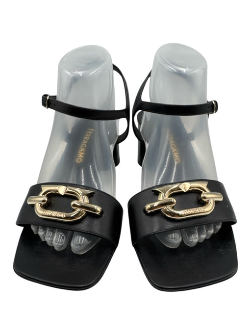 Salvatore Ferragamo Shoe Size 10 Black & Gold Leather Square Toe Sandals Black & Gold / 10