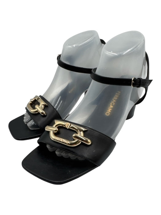Salvatore Ferragamo Shoe Size 10 Black & Gold Leather Square Toe Sandals Black & Gold / 10