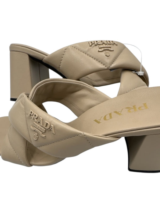 Prada Shoe Size 39.5 Beige Leather Upper Quilted Logo Detail Criss Cross Sandals Beige / 39.5