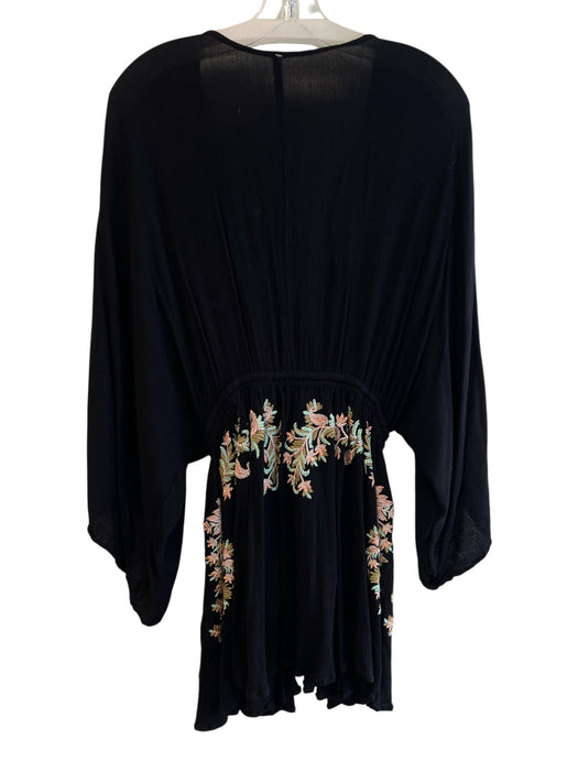 Free People Size M Black Viscose Deep V Neck Wide Sleeve Embroidered Dress Black / M