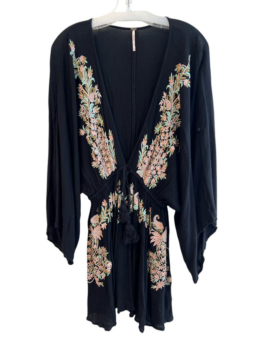 Free People Size M Black Viscose Deep V Neck Wide Sleeve Embroidered Dress Black / M