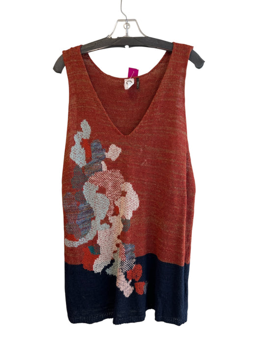 By Anthropologie Size XL Orange & navy Linen Blend V Neck Knit Abstract Top Orange & navy / XL