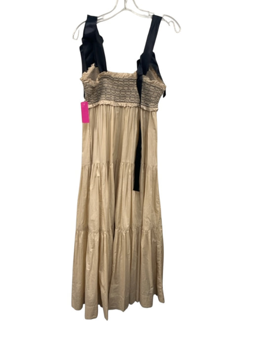 Free People Size Small Beige & Black Cotton Blend Tie Straps smocked Maxi Dress Beige & Black / Small