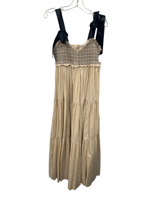 Free People Size Small Beige & Black Cotton Blend Tie Straps smocked Maxi Dress Beige & Black / Small