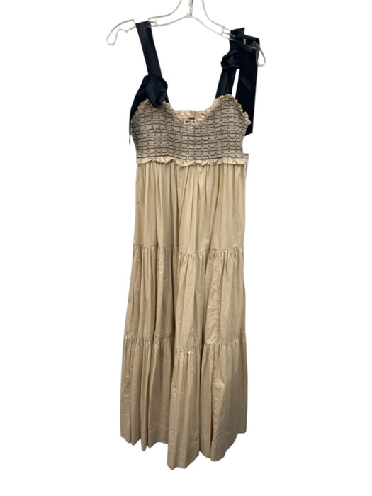 Free People Size Small Beige & Black Cotton Blend Tie Straps smocked Maxi Dress Beige & Black / Small