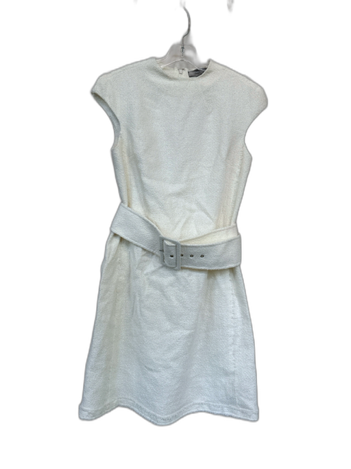 Theory Size 8 Ivory Textured Cap Sleeve Raw Hem Belted Dress Ivory / 8