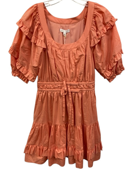 Anna Cate Size XS Coral Orange Cotton Short Puff Sleeve Ruffles Bow Detail Dress Coral Orange / XS