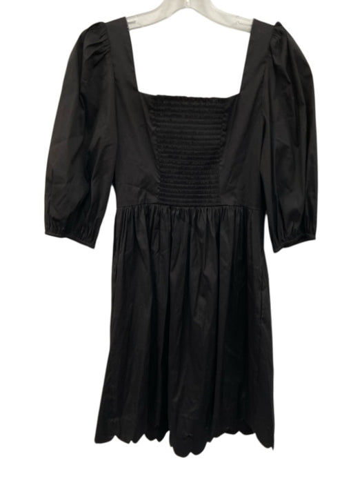 Shoshanna Size 2 Black Cotton Blend Short Puff Sleeve Scalloped Gathered Dress Black / 2