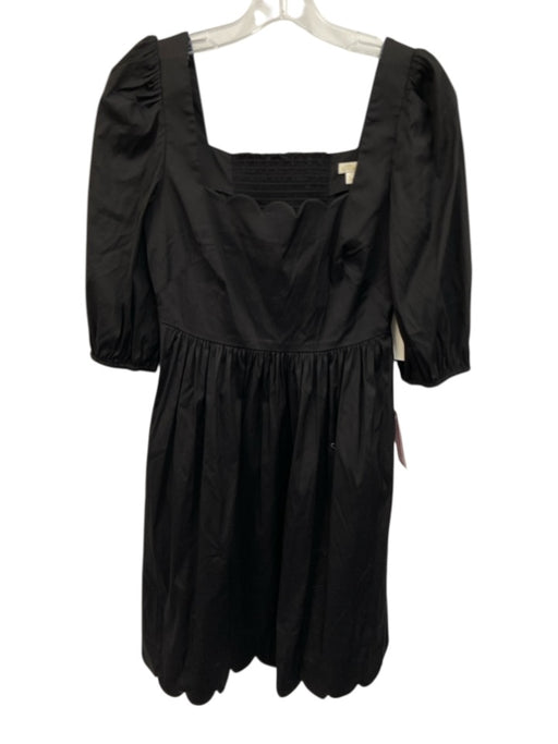 Shoshanna Size 2 Black Cotton Blend Short Puff Sleeve Scalloped Gathered Dress Black / 2