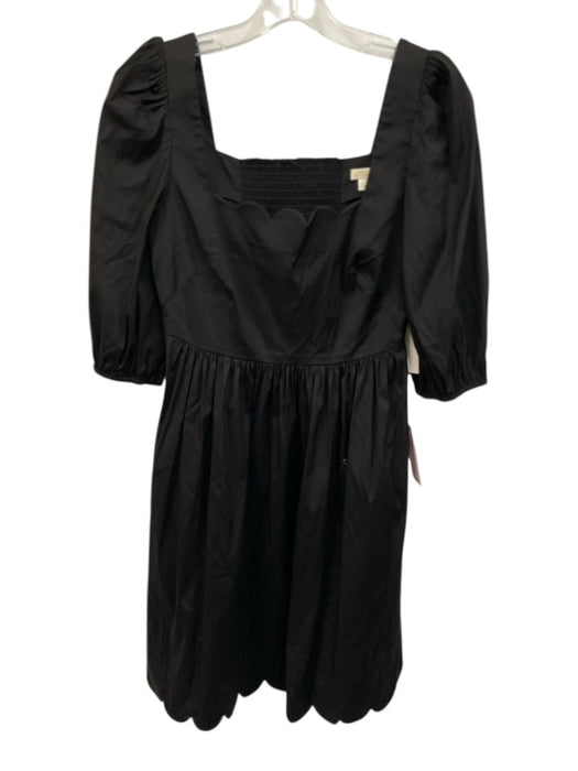 Shoshanna Size 2 Black Cotton Blend Short Puff Sleeve Scalloped Gathered Dress Black / 2