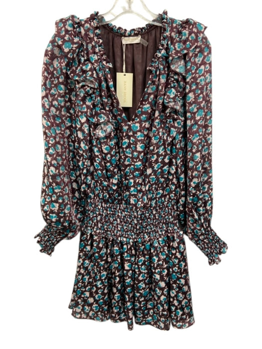 Ramy Brook Size XS Purple, Teal, White Print Silk Blend Long Sleeve Floral Dress Purple, Teal, White Print / XS