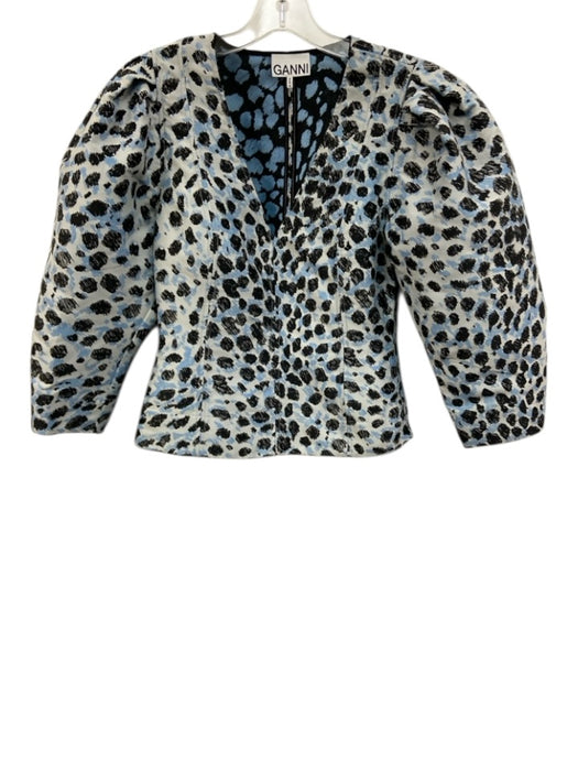 Ganni Size 36 Blue & Black Polyester Blend Long Sleeve Cheetah Split Neck Top Blue & Black / 36