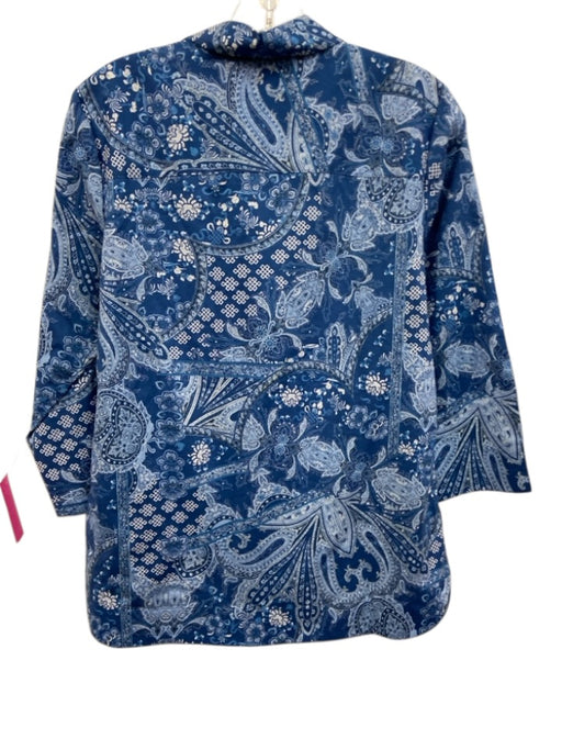 Hinson Wu Size XS Blue & White Cotton Long Sleeve Paisley Half Button Collar Top Blue & White / XS