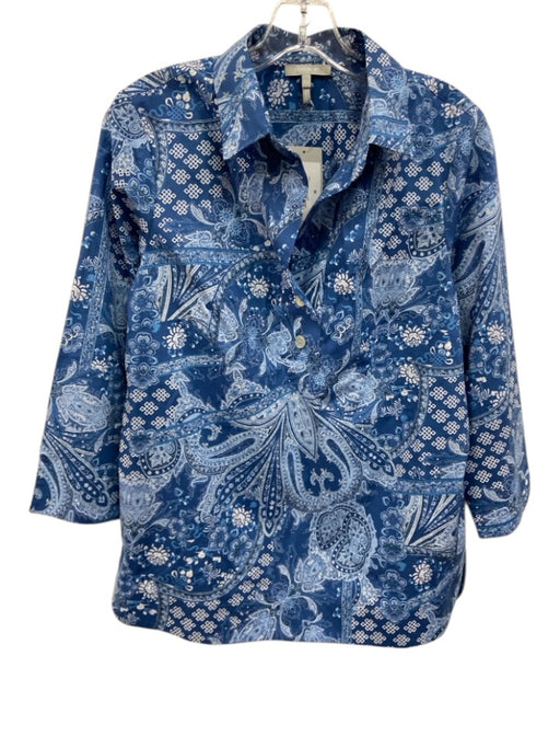 Hinson Wu Size XS Blue & White Cotton Long Sleeve Paisley Half Button Collar Top Blue & White / XS