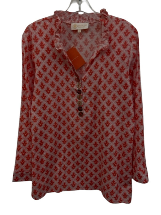 Sheridan French Size Small Pink & Red Cotton Long Sleeve Floral Hook & Eye Top Pink & Red / Small