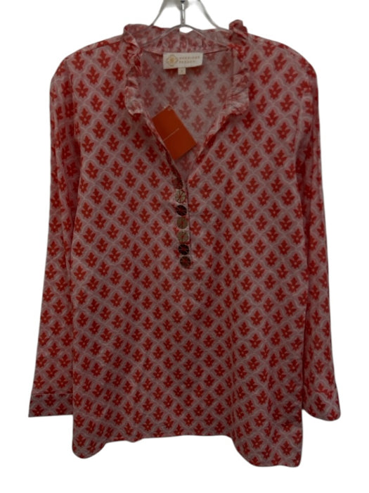 Sheridan French Size Small Pink & Red Cotton Long Sleeve Floral Hook & Eye Top Pink & Red / Small