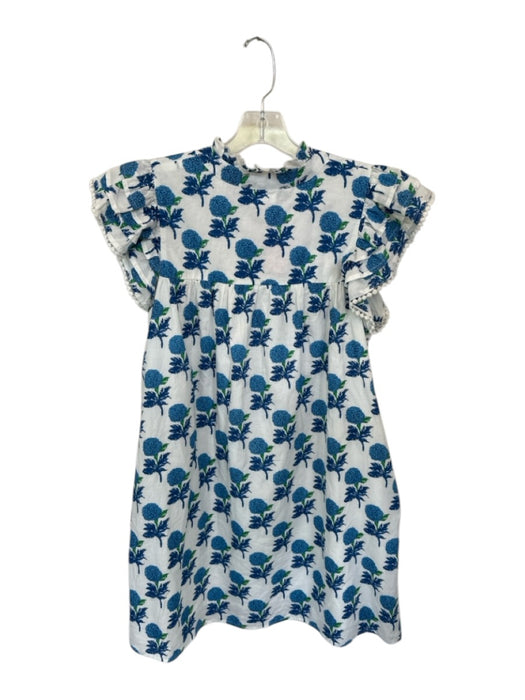 THML Size M Blue & White Cotton Tassels Hydrangeas Flutter Sleeve Mini Dress Blue & White / M