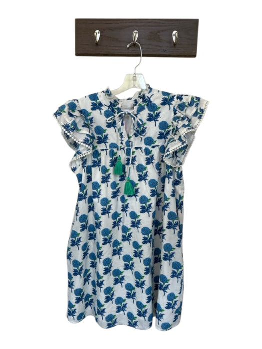 THML Size M Blue & White Cotton Tassels Hydrangeas Flutter Sleeve Mini Dress Blue & White / M