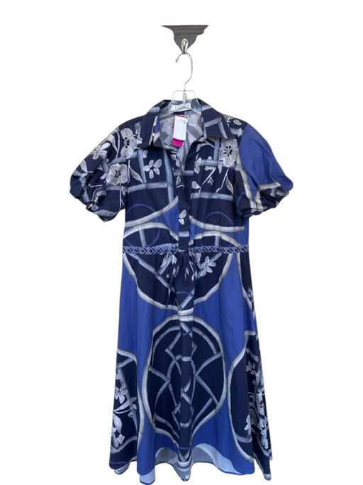 KLEID Size S Navy Cotton Blend Floral Puff Sleeve Half Button Mini Dress Navy / S