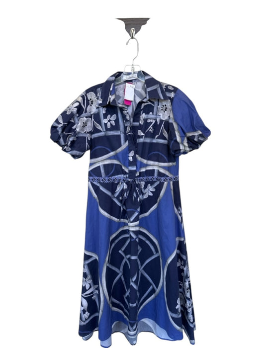KLEID Size S Navy Cotton Blend Floral Puff Sleeve Half Button Mini Dress Navy / S