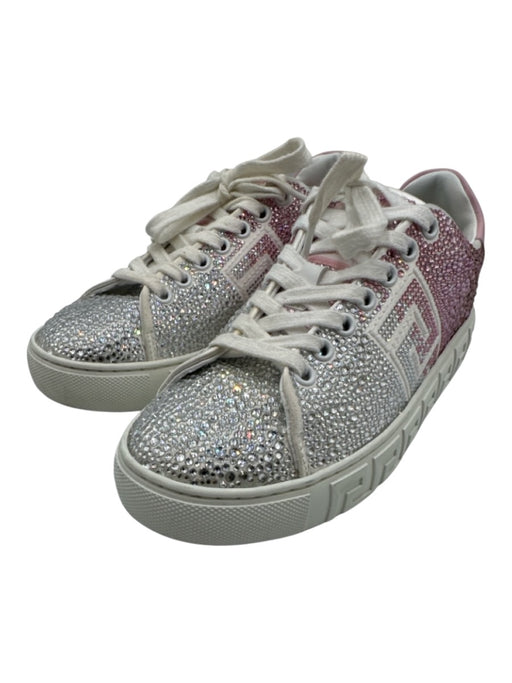 Versace Shoe Size 6 Pink, White, Silver Leather Upper Lace Up Crystals Sneakers Pink, White, Silver / 6