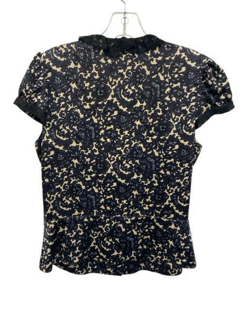 Milly Size 6 Black, Blue & White Silk Short Sleeve Floral Button Up Top Black, Blue & White / 6