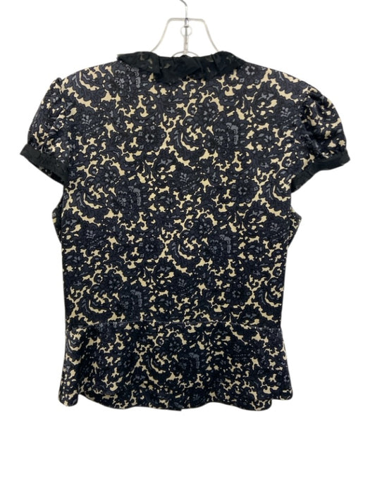 Milly Size 6 Black, Blue & White Silk Short Sleeve Floral Button Up Top Black, Blue & White / 6