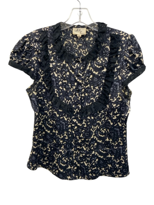 Milly Size 6 Black, Blue & White Silk Short Sleeve Floral Button Up Top Black, Blue & White / 6