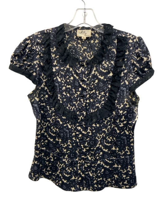 Milly Size 6 Black, Blue & White Silk Short Sleeve Floral Button Up Top Black, Blue & White / 6