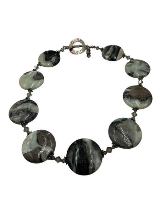 No Brand Aqua & Gray Agate Circles Beaded Detail Hammered Hook & Eye Necklace Aqua & Gray