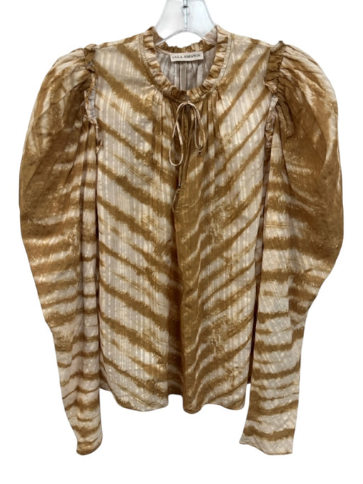 Ulla Johnson Size 2 Brown & Beige Cotton Long puff sleeve Tie Dye Split Neck Top Brown & Beige / 2