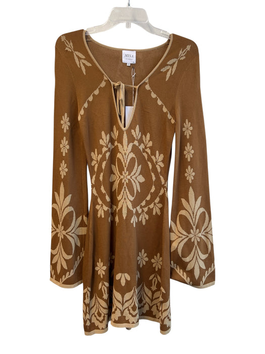 Misa Size XS Brown & Tan Cotton Keyhole Front Long Sleeve Tie at chest Dress Brown & Tan / XS