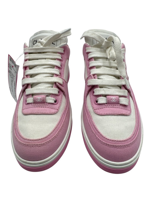 Chanel Shoe Size 36 White & Pink Leather & Canvas Lace Up Color Block Sneakers White & Pink / 36