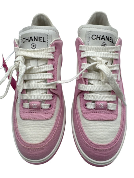 Chanel Shoe Size 36 White & Pink Leather & Canvas Lace Up Color Block Sneakers White & Pink / 36