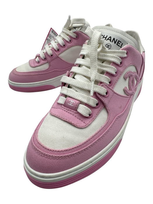 Chanel Shoe Size 36 White & Pink Leather & Canvas Lace Up Color Block Sneakers White & Pink / 36