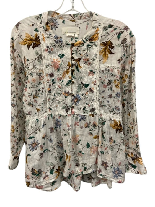 Anthropologie Size XXS White, Yellow, Multi Cotton Long Sleeve Floral Print Top White, Yellow, Multi / XXS