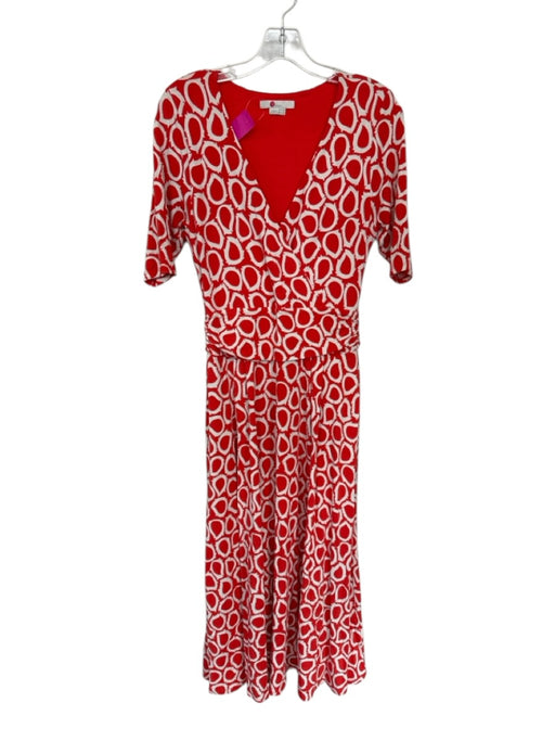Boden Size 6 Red & White Viscose Blend Plunge Neck Abstract Rouched Waist Dress Red & White / 6
