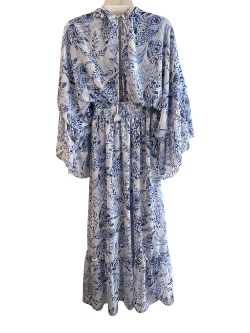 Misa Size M Blue & White Viscose V Neck Floral Wide Long Sleeve Maxi Dress Blue & White / M