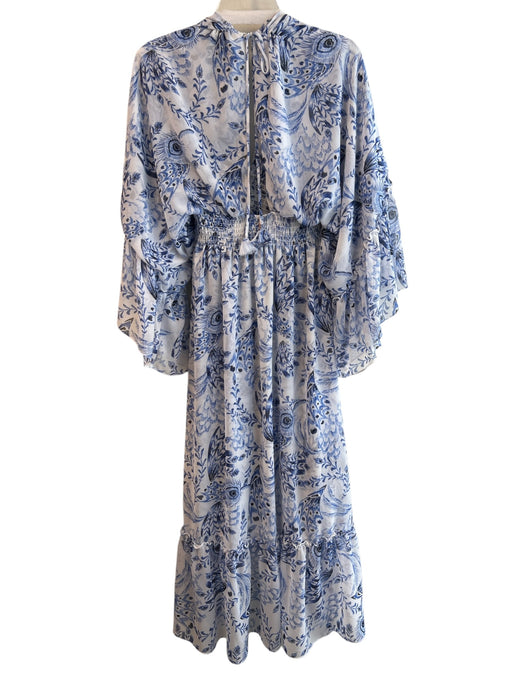 Misa Size M Blue & White Viscose V Neck Floral Wide Long Sleeve Maxi Dress Blue & White / M