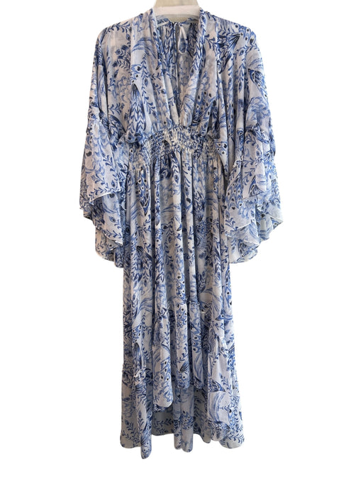 Misa Size M Blue & White Viscose V Neck Floral Wide Long Sleeve Maxi Dress Blue & White / M