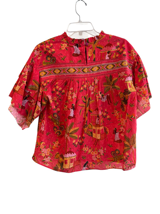 Farm Size S Red Cotton Round Neck Ruffle Detail Tropical Print Flare Top Red / S