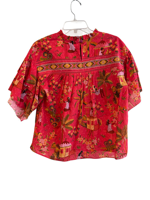 Farm Size S Red Cotton Round Neck Ruffle Detail Tropical Print Flare Top Red / S