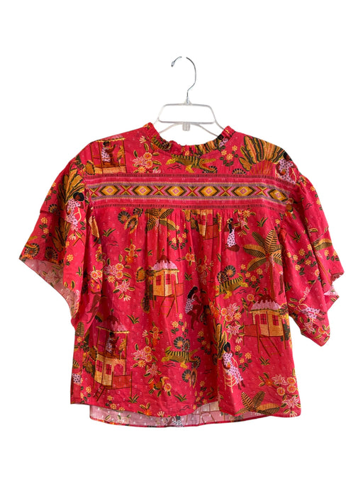 Farm Size S Red Cotton Round Neck Ruffle Detail Tropical Print Flare Top Red / S