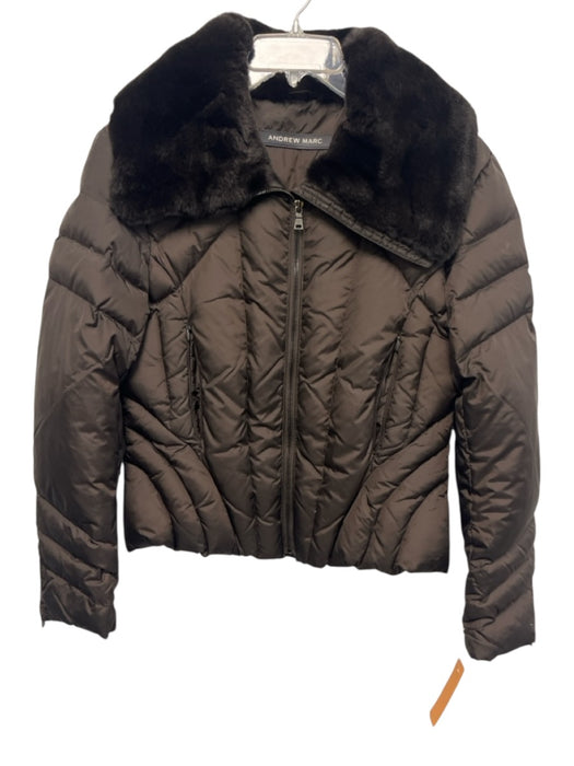 Andrew Marc Size M Brown Nylon Puffer Rabbit Fur Zip Up Goose Down Fill Jacket Brown / M