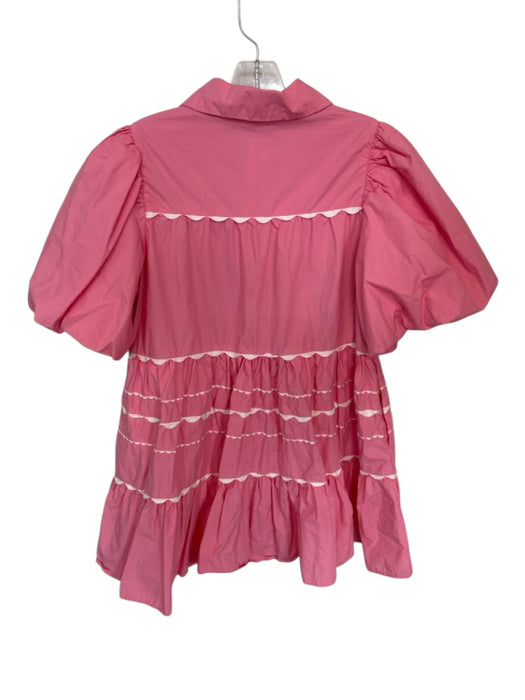 Aureum Size S Pink & White Cotton Puff Sleeves Button Up Collared Dress Pink & White / S